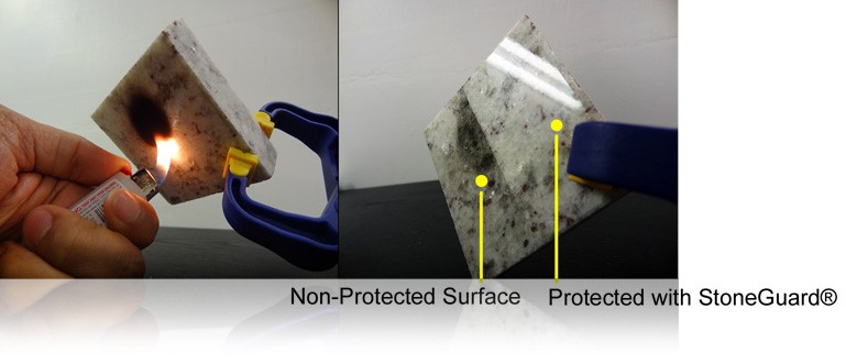 Heat test comparing a non-protected stone surface against StoneGuard film