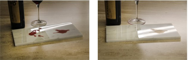 Side-by-side stain test on stone countertop with and without protection film