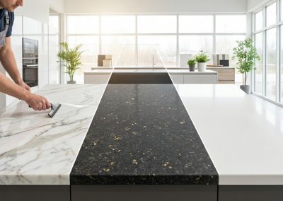 Professional countertop protection film installation on marble kitchen surface in San Diego
