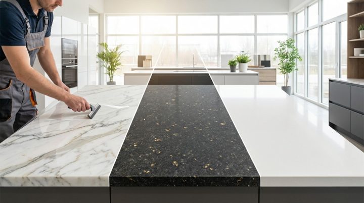 Professional countertop protection film installation on marble kitchen surface in San Diego