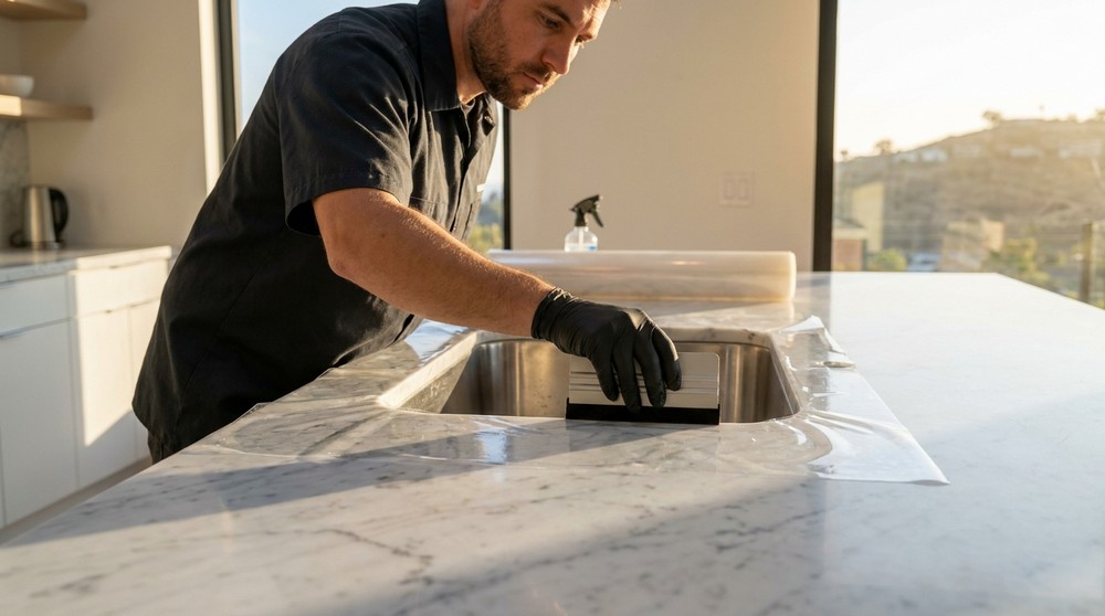 Marble, granite, and quartz countertops being assessed for countertop protection film installation in San Diego