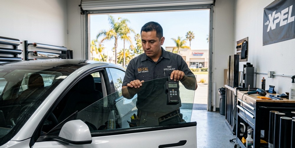San Diego window tint installer checking legal VLT percentage on a car window