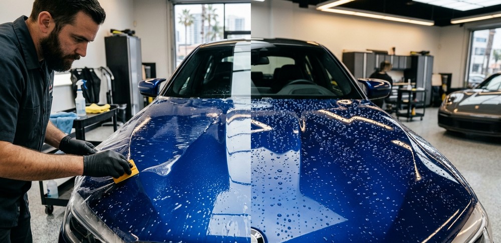 PPF installation vs ceramic coating comparison on a luxury car at a San Diego shop