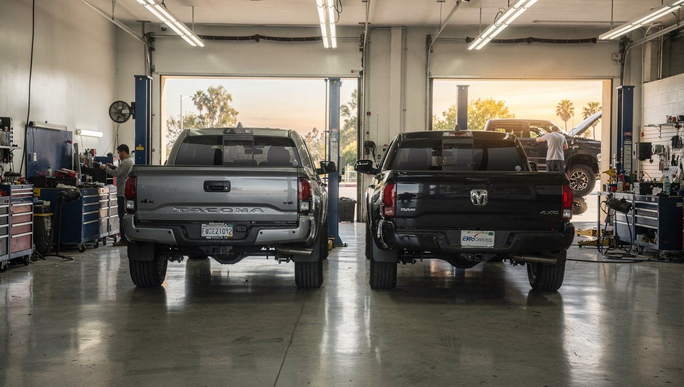 Two pickup trucks in a San Diego shop bay waiting for window tint installation