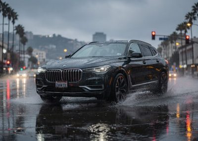 BMW SUV on a rain-slick San Diego street with paint protection film applied