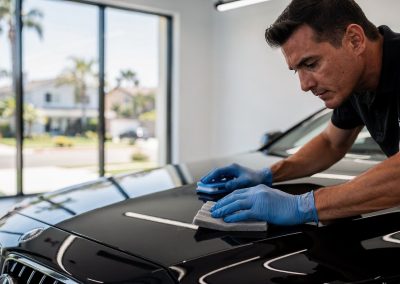 Technician hand-applying ceramic coating to a black car in a San Diego studio