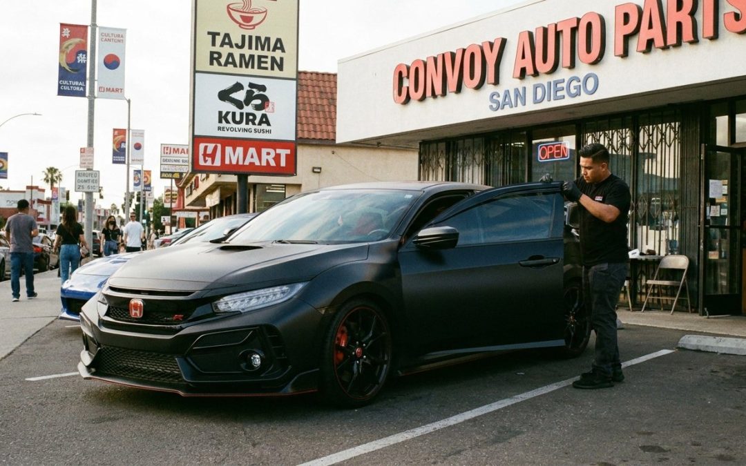 Window tinting on a modified Honda Civic in the Convoy District San Diego