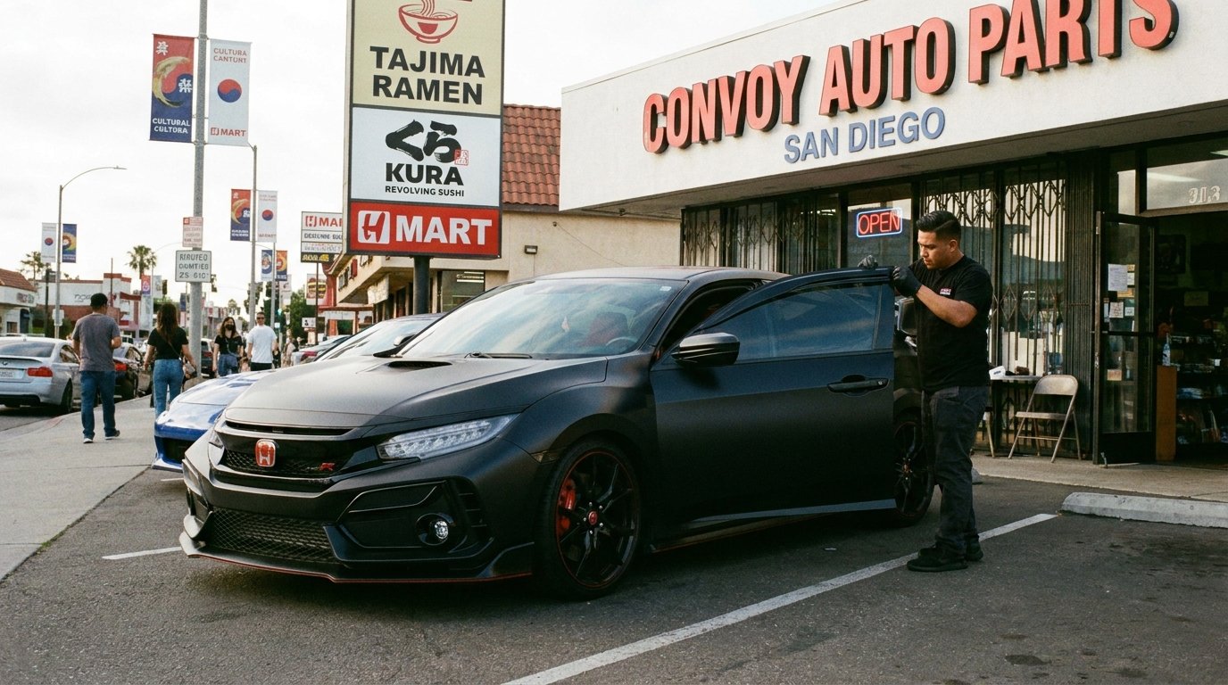 Window tinting on a modified Honda Civic in the Convoy District San Diego