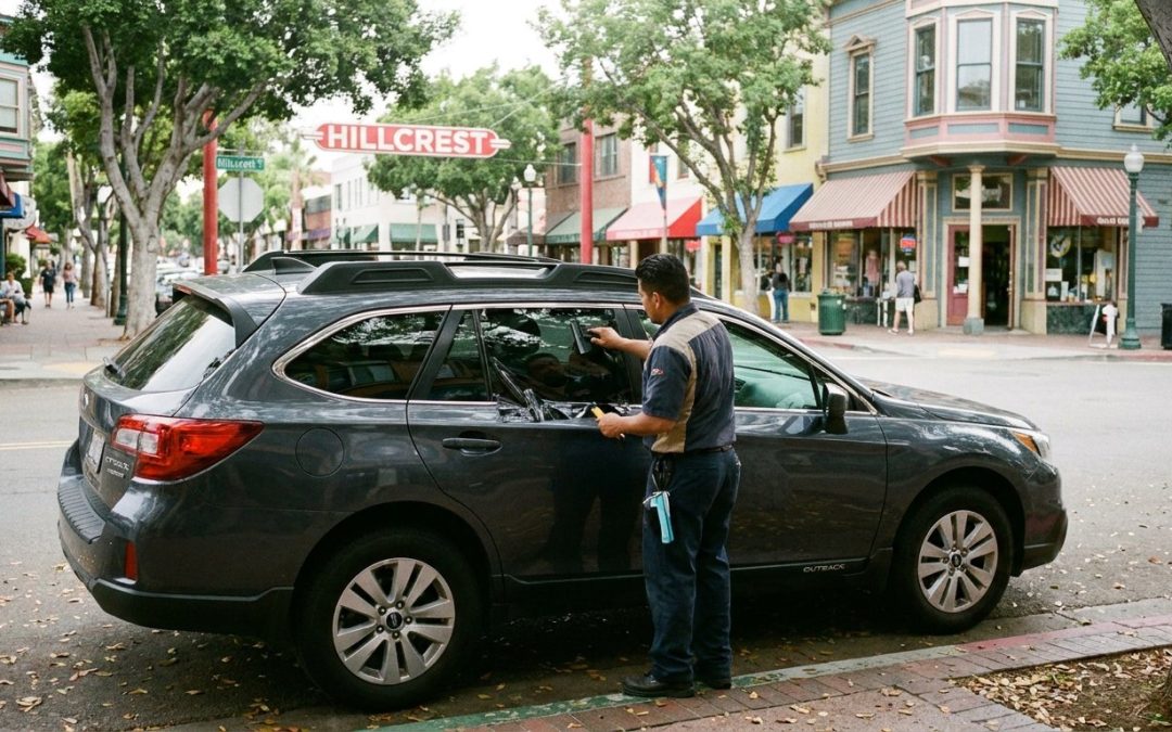 Window tint installation on a Subaru Outback on a Hillcrest San Diego street