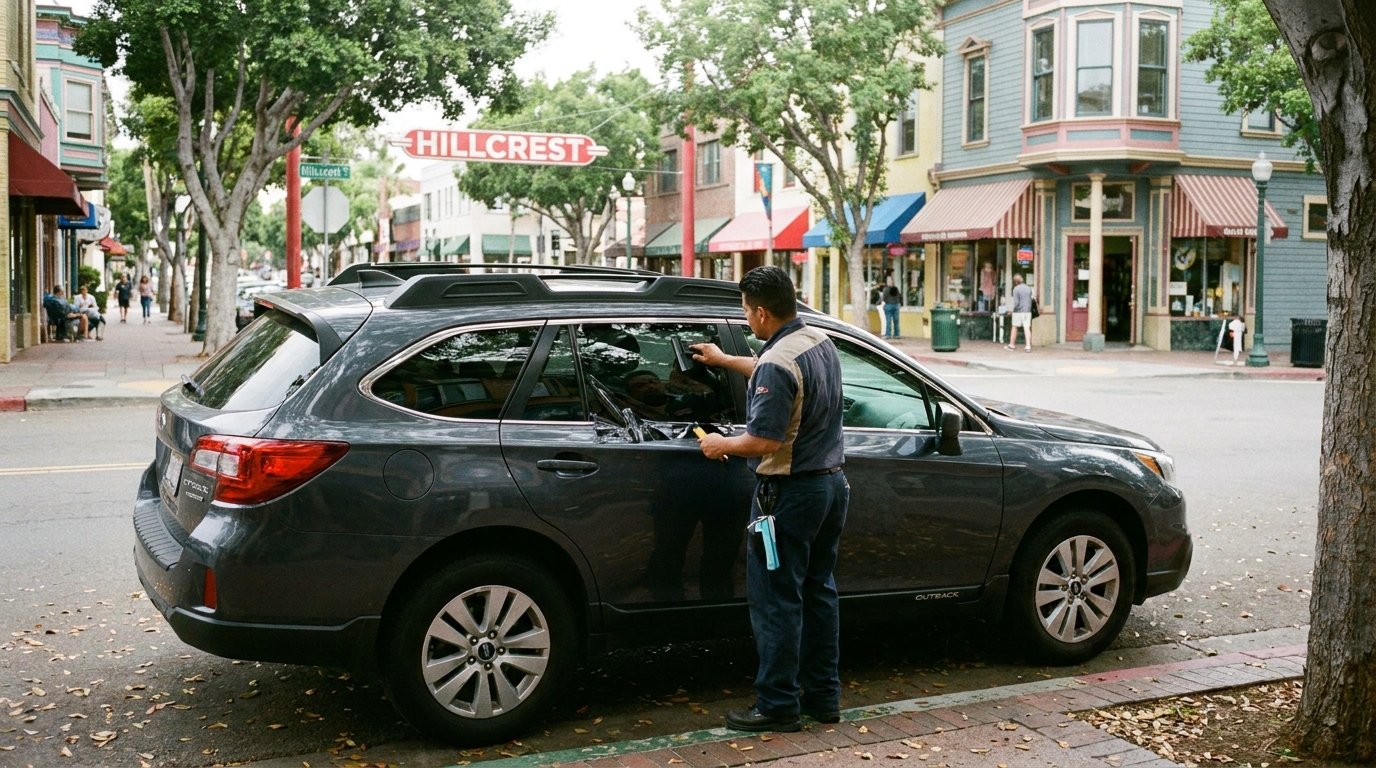 Window tint installation on a Subaru Outback on a Hillcrest San Diego street