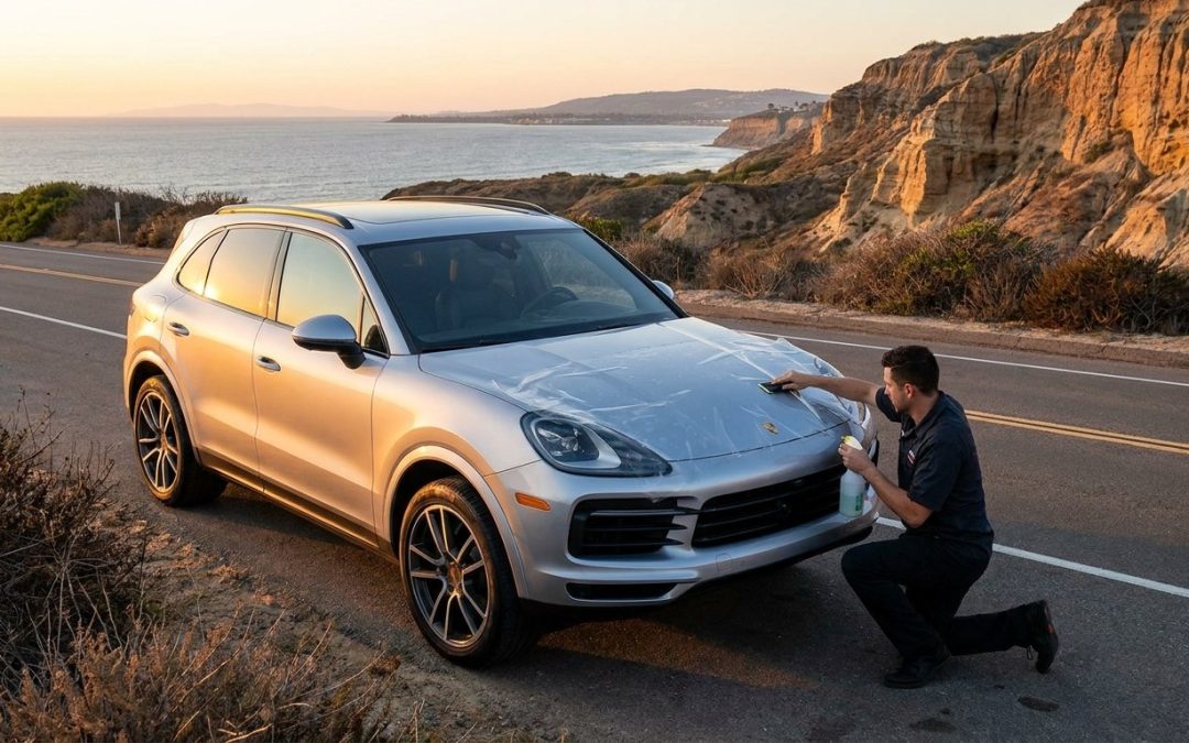 Paint protection film and window tinting on a Porsche Cayenne at Torrey Pines San Diego