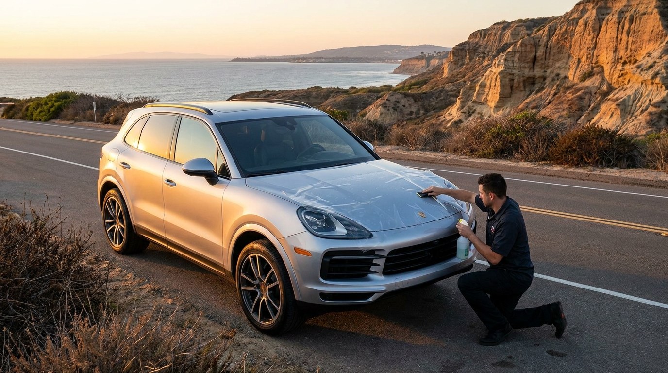 Paint protection film and window tinting on a Porsche Cayenne at Torrey Pines San Diego