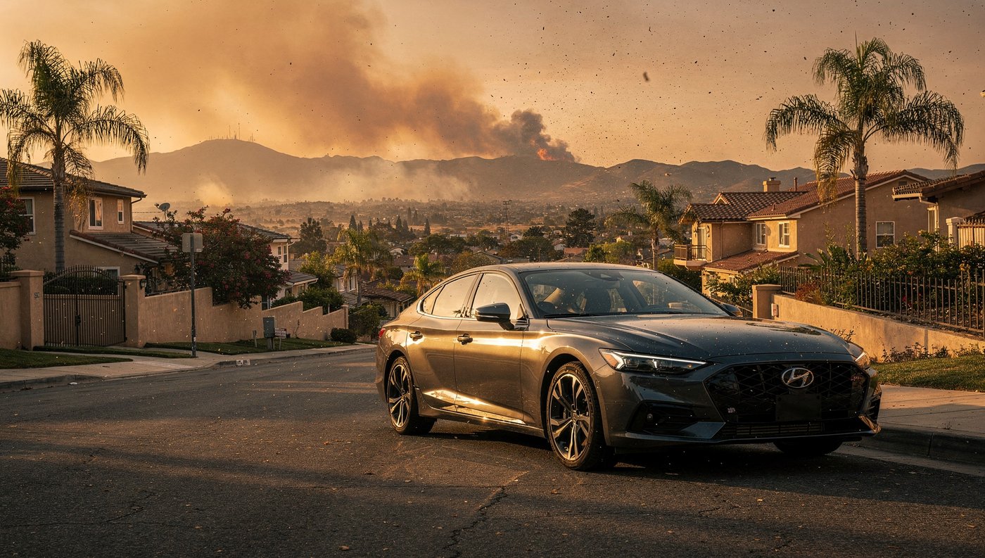 Car parked in a San Diego driveway as wildfire smoke fills the hills behind