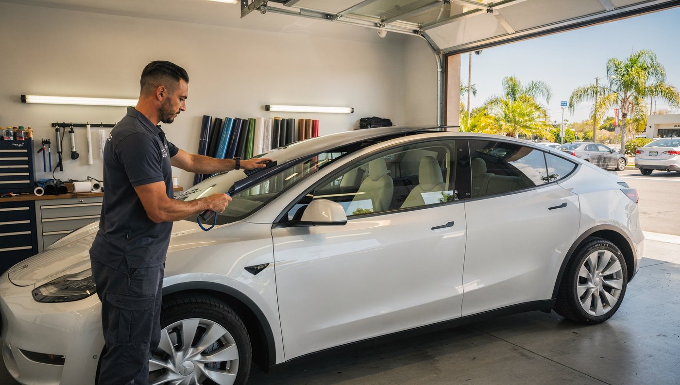 Tesla window tinting San Diego technician applying ceramic film to Model Y glass roof