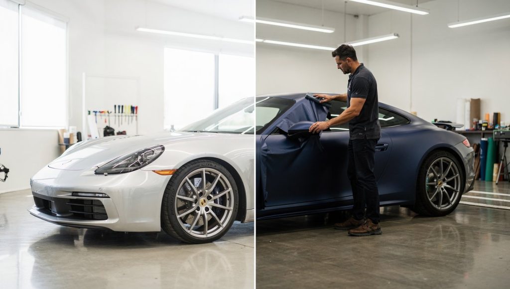 vinyl-wrap-color-change-san-diego-hero Porsche receiving a vinyl wrap color change inside a San Diego clean room