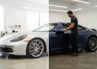 Porsche receiving a vinyl wrap color change inside a San Diego clean room