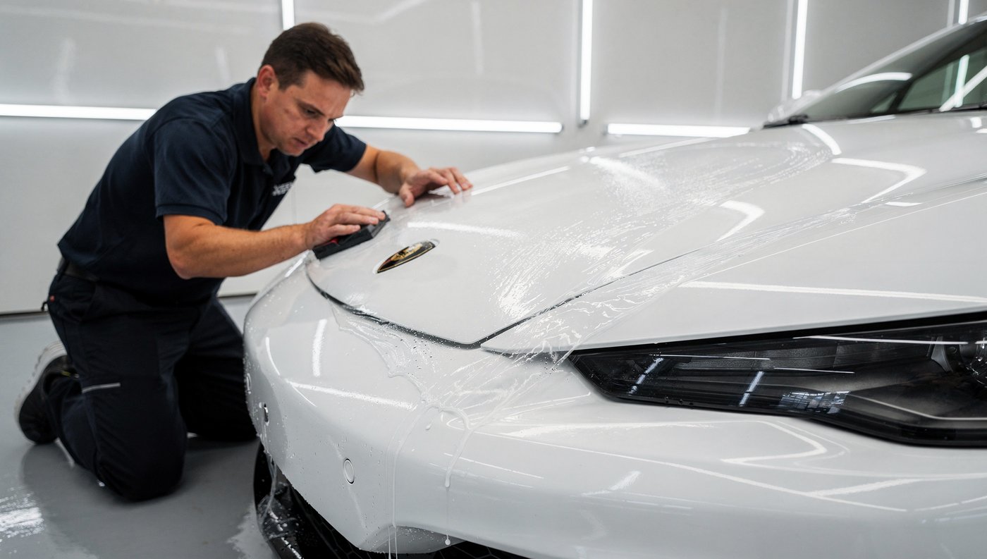 Installer smoothing XPEL paint protection film onto a white car hood