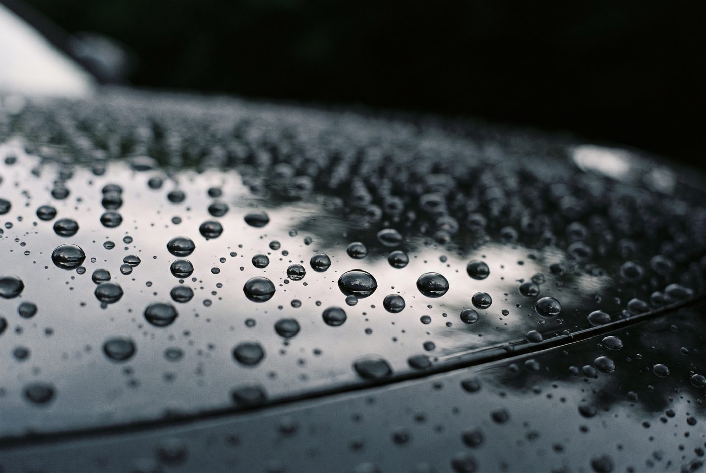 Water beading tightly on the dark ceramic coated hood of a car detailed by Monumental Workx in San Diego